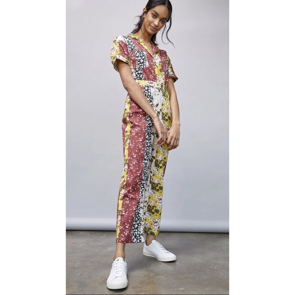 dRA Anthropologie M Jasmine Utility Jumpsuit Patchwork Floral $168 Button Front